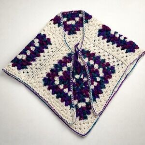 Vintage Handmade Granny Square Crochet Poncho Cottagecore Boho Revival